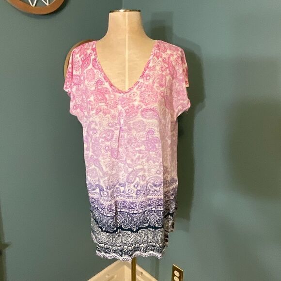 J. Jill Womens V-Neck ‘Love Linen’ Short Sleeve Boho Paisley Tunic Top - Size S - Picture 3 of 10